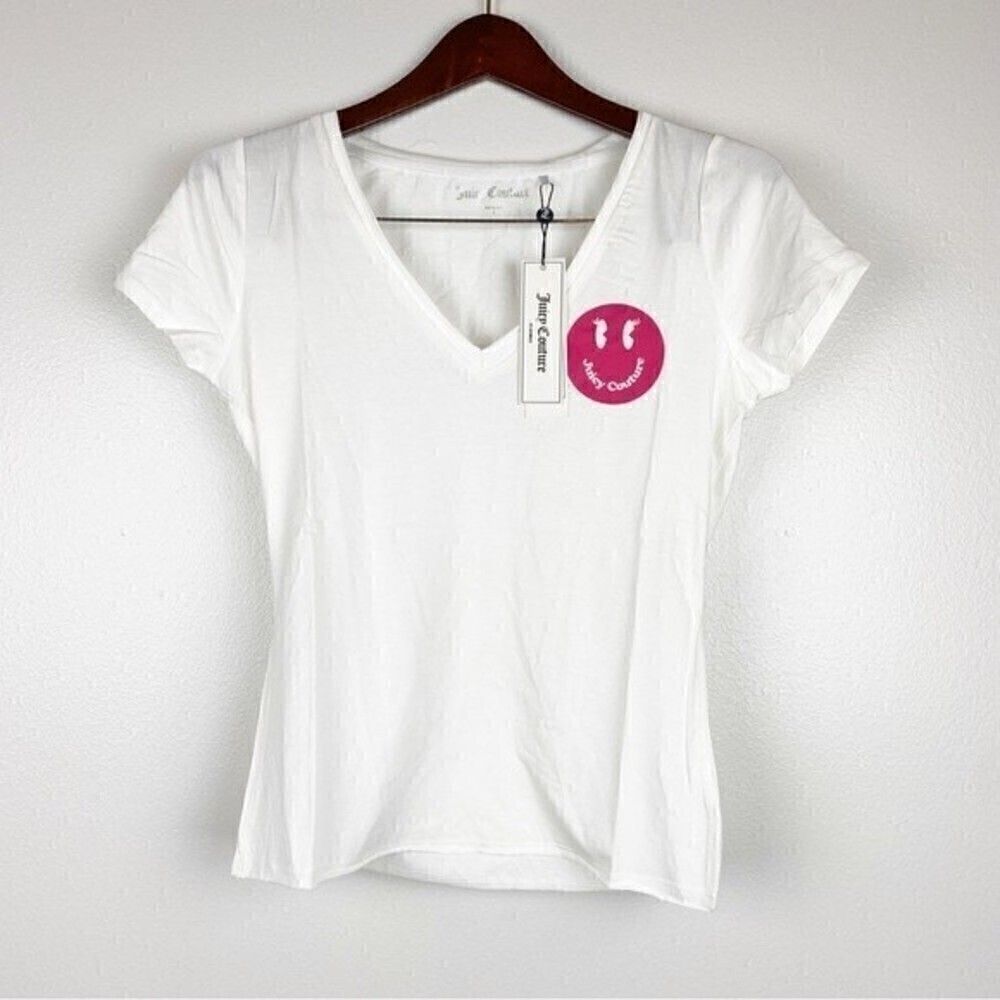 Juicy Couture Smiley Face V-Neck Short Sleeve Tee White Size S NWT - Picture 2 of 6